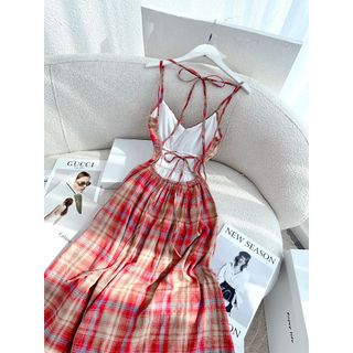 ĐẦM MAXI KẺ CARO 2 DÂY HỞ LƯNG CỘT DÂY