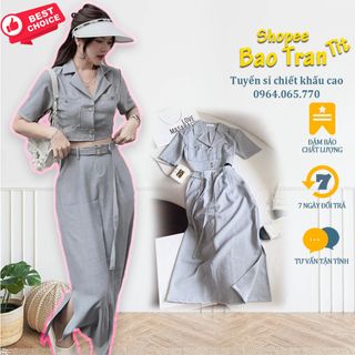 Set crop vest xám chân váy midi xẻ giá sỉ