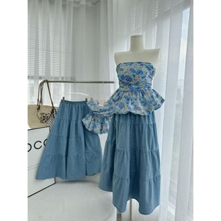SET ỐNG HOA CÚP NGỰC + CHÂN VÁY MIDI JEAN XOÈ
