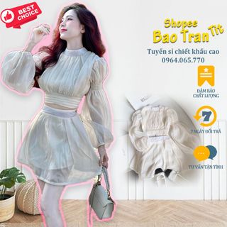 Set Áo Voan Xếp Ly Ngực Bo Chun Tay Trắng Chân Váy giá sỉ