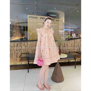 Đầm baby doll xô thêu xếp li ngực viền ren về 2 màu