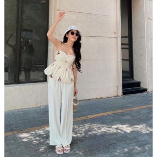 Set Áo Nude Thêu Hoa 2 Dây Cột Vai Rút Ngực Quần Suông Trắng - "hàng mới, free ship mỗi ngày"
