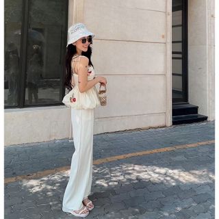 Set Áo Nude Thêu Hoa 2 Dây Cột Vai Rút Ngực Quần Suông Trắng - "hàng mới, free ship mỗi ngày"