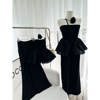 SET ÁO ỐNG ĐEN XOÈ PHỒNG CHOCKER HOA CỔ + QUẦN SUÔNG