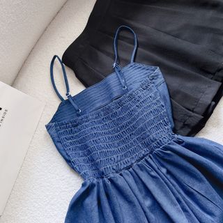 SET ÁO PEPLUM 2 DÂY DENIM + CHÂN VÁY XẾP LY