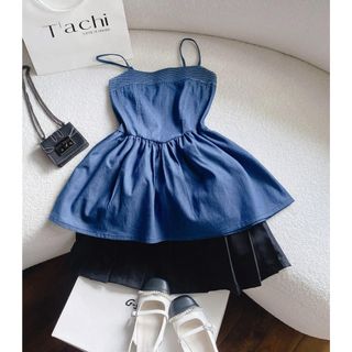 SET ÁO PEPLUM 2 DÂY DENIM + CHÂN VÁY XẾP LY