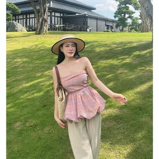 SET ÁO ỐNG CÚP NGỰC CARO HỒNG + QUẦN  SUÔNG KEM