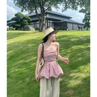 SET ÁO ỐNG CÚP NGỰC CARO HỒNG + QUẦN  SUÔNG KEM
