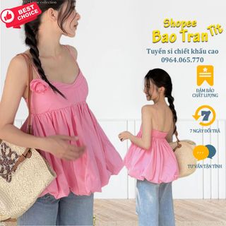Áo 2 dây hồng bồng bềnh đính hoa bên vai