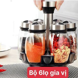 ￼Bộ 6 hũ lọ thủy tinh đựng gia vị, muối, tiêu, ớt cho phòng bếp kèm đế xoay 360 độ giá sỉ