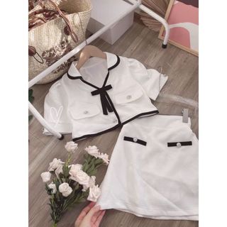 SET ÁO  DẠ TRẮNG VIỀN ĐEN MIX CHÂN VÁY