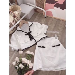 SET ÁO  DẠ TRẮNG VIỀN ĐEN MIX CHÂN VÁY