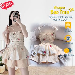 Set áo 2 dây nude thêu hoa cột vai short nude