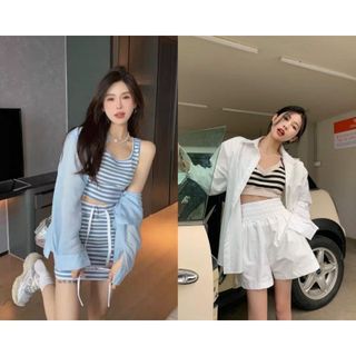 SET 3 MÓN: SƠ MI TRẮNG KÈM CROP SỌC NÂU CỔ TIM + SHORT giá sỉ