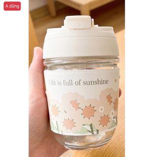 Bình Nước Thủy Tinh Có Ống Hút 400ml Có Bao Da Chống Bỏng,CÓ Nắp In Hoa