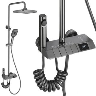 Vòi sen nóng lạnh màu xám kiểu sen cây, hiển thị nhiệt độ, làm bằng thép không gỉ, phủ nano tĩnh điện