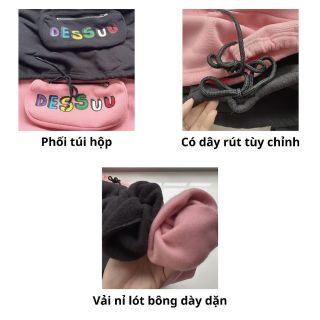 Áo hoodie in Dessuu có túi bao tử phối dây rút form rộng unisex nam nữ.