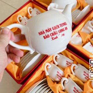 Bộ Ấm Trà Tách Trà Gốm Sứ In Logo Theo Yêu Cầu