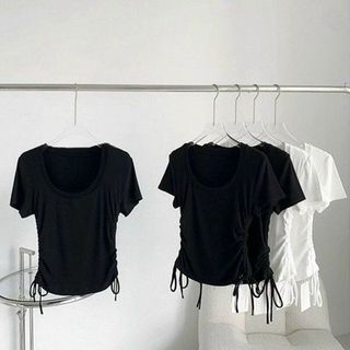Áo tay ngắn croptop dây rút chất conton co giãn giá sỉ - giá bán buôn