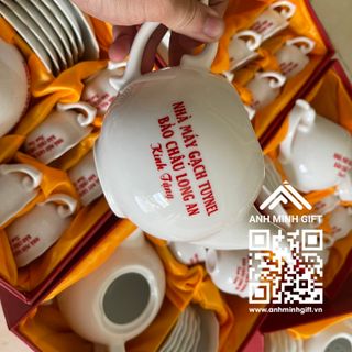 Bộ Ấm Trà Tách Trà Gốm Sứ In Logo Theo Yêu Cầu