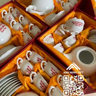 Bộ Ấm Trà Tách Trà Gốm Sứ In Logo Theo Yêu Cầu
