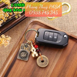 [Giá Sỉ] [Đồng Thau] Móc Khóa 3 Món, Dây 5 Xu + Quả Bầu Rỗng + Thẻ 2 Mặt 8 Vị Phật Bản Mệnh 12 Con Giáp
