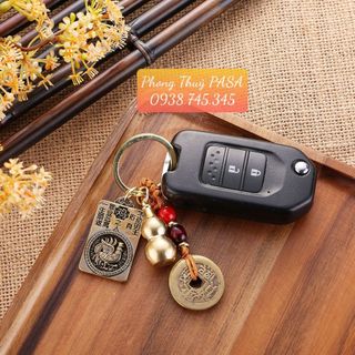 [Giá Sỉ] [Đồng Thau] Móc Khóa 3 Món, Dây 5 Xu + Quả Bầu Rỗng + Thẻ 2 Mặt 8 Vị Phật Bản Mệnh 12 Con Giáp
