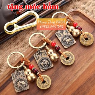 [Giá Sỉ] [Đồng Thau] Móc Khóa 3 Món, Dây 5 Xu + Quả Bầu Rỗng + Thẻ 2 Mặt 8 Vị Phật Bản Mệnh 12 Con Giáp