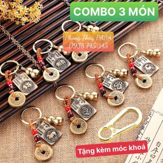 [Giá Sỉ] [Đồng Thau] Móc Khóa 3 Món, Dây 5 Xu + Quả Bầu Rỗng + Thẻ 2 Mặt 8 Vị Phật Bản Mệnh 12 Con Giáp