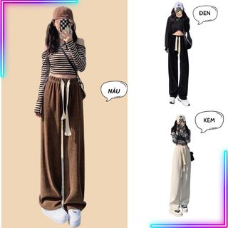 Quần ống rộng nhung tăm trơn dạng unisex , kiểu quần dài ống suông cạp chun lưng cao có dây rút chỉnh eo giá sỉ