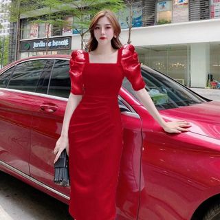 Đầm body cổ vuông xếp ly cao cấp