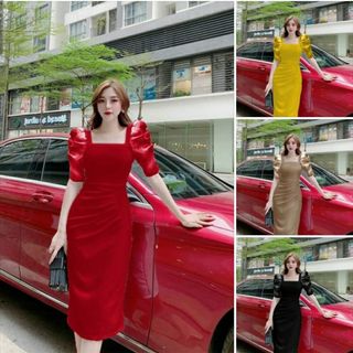 Đầm body cổ vuông xếp ly cao cấp
