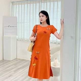 [HCM] Đầm Linen thêu phối nút cách điệu D083- Lady fashion - Khánh Linh Style giá sỉ