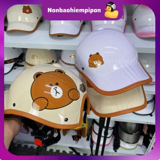 Nón bảo hiểm lưỡi trai Gấu Nâu đáng yêu có khoét lỗ cột tóc dành cho nữ , Mũ bảo hiểm kết thời trang cá tính