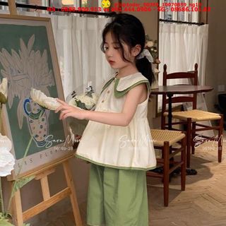 Bộ cotton thô cổ sen cho bé gái giá sỉ