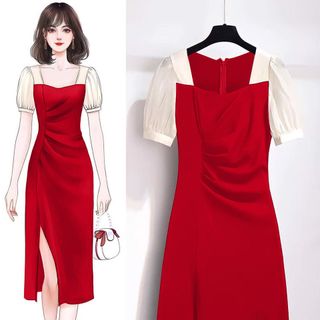 Đầm cổ vuông tay voan nhúng eo sang trọng