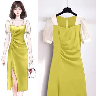Đầm cổ vuông tay voan nhúng eo sang trọng