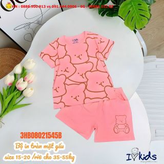 3HB08021545B- Bộ cotton, bé gái, quần đùi,in tràn mặt gấu, size 15-20, ri6 giá sỉ