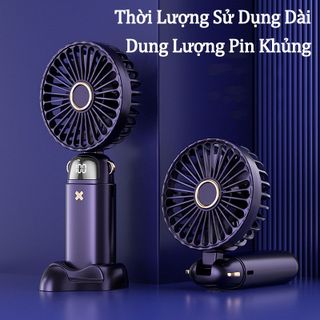 Quạt Cầm Tay Mini Tích Điện Siêu Mát Có Đế Để Bàn Kiêm Giá Đỡ Điện Thoại Pin Trâu 6000mAh 5 Cấp Độ Tặng Viên Thơm & Dây