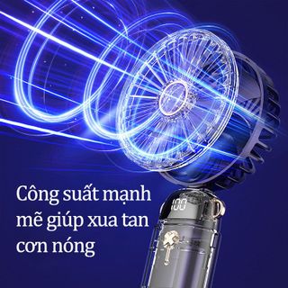 Quạt Cầm Tay Mini Tích Điện Siêu Mát Có Đế Để Bàn Kiêm Giá Đỡ Điện Thoại Pin Trâu 6000mAh 5 Cấp Độ Tặng Viên Thơm & Dây