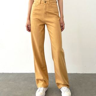 Quần Denim Nữ Lưng Cao Ống Suông Form Rộng Màu Vàng Bò L-04