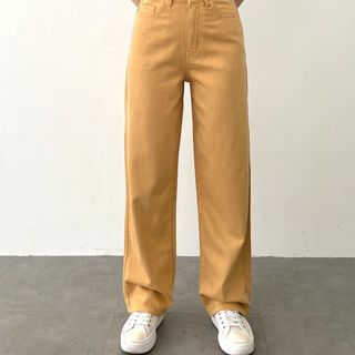 Quần Denim Nữ Lưng Cao Ống Suông Form Rộng Màu Vàng Bò L-04