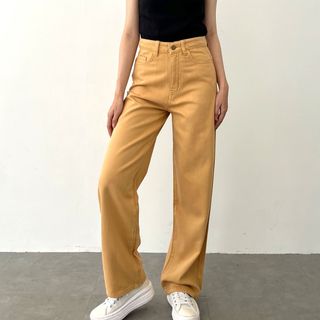 Quần Denim Nữ Lưng Cao Ống Suông Form Rộng Màu Vàng Bò L-04