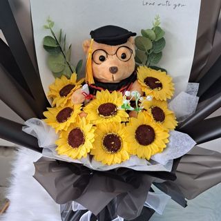 Bó hoa tốt nghiệp kèm gấu cao 20cm, bó hoa hướng dương tốt nghiệp, giá sỉ