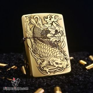Bật Lửa ZIPPO Mỹ, Bật Lửa ZIPPO USA Hình Cá Chép Chất Liệu Đồng Thau Nguyên Khối Xài Xăng Có Tem Đỏ