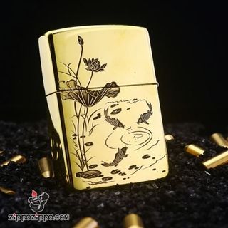 Bật Lửa ZIPPO Mỹ, Bật Lửa ZIPPO USA Hình Cá Chép Chất Liệu Đồng Thau Nguyên Khối Xài Xăng Có Tem Đỏ