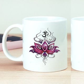 Ly Om Mani Padme Hum cầu nguyện mỗi ngày bằng sứ+ lót ly gỗ tầng bì Decor Home An