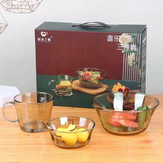 Bộ 3Tô Chén Ly Thuỷ Tinh Trơn 5Cái Nâu Đất Cao Cấp