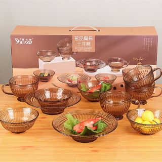 Bộ Bát Chén Dĩa Ly Thuỷ Tinh Nâu Sọc Set 10Món , 8món , 5món , 3Món , 2món Cao Cấp .