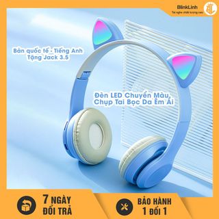 Tai Nghe Mèo P47M Chụp Tai Bluetooth, Bản quốc tế có cáp 3.5 dài 1m, FM, Khe cắm thẻ nhớ, Phát Sáng Dễ Thương
